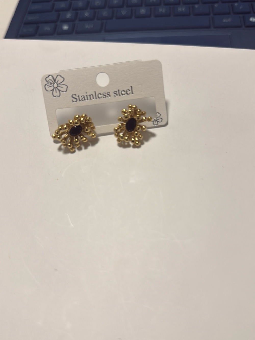 Gold Floral Beaded Stud Earrings with Black Center - Stainless Steel